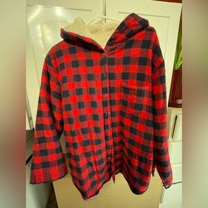 Easel Red and Navy Hooded Flannel Sherpa-Lined Shirt jacket size large